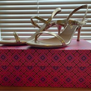 Tory Burch Gold Strappy Heels Kitten